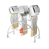 Gold-accented silver cutlery neatly arranged in a sleek chrome holder with fns red label tag.